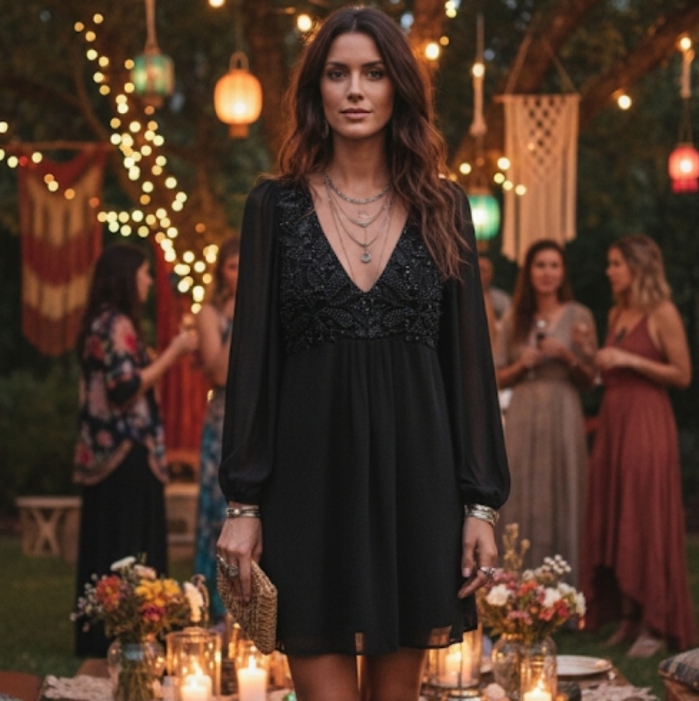 Gold Hawk Silk Beaded Mini Dress Size M